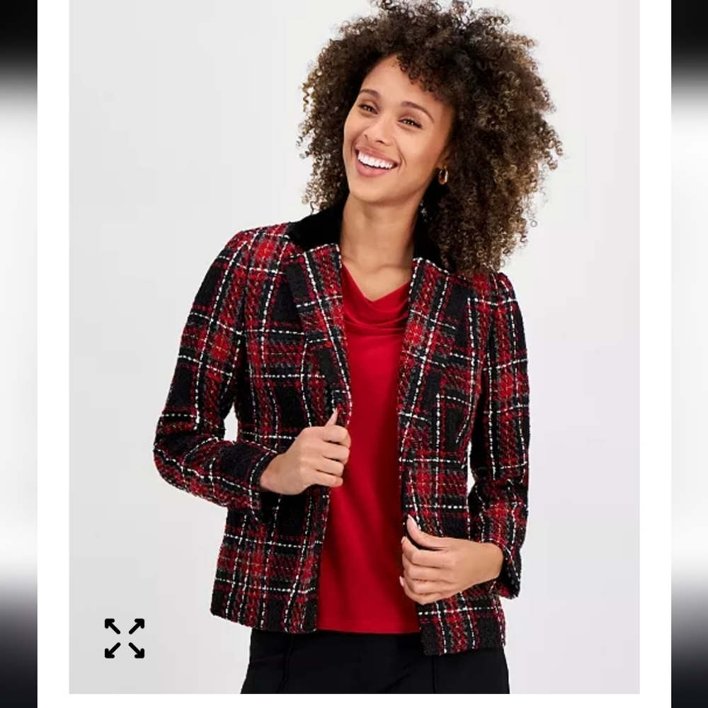 Kasper Plaid Tweed Blazer Jacket Sz 18 Women Red Black Velvet Collar Trim New